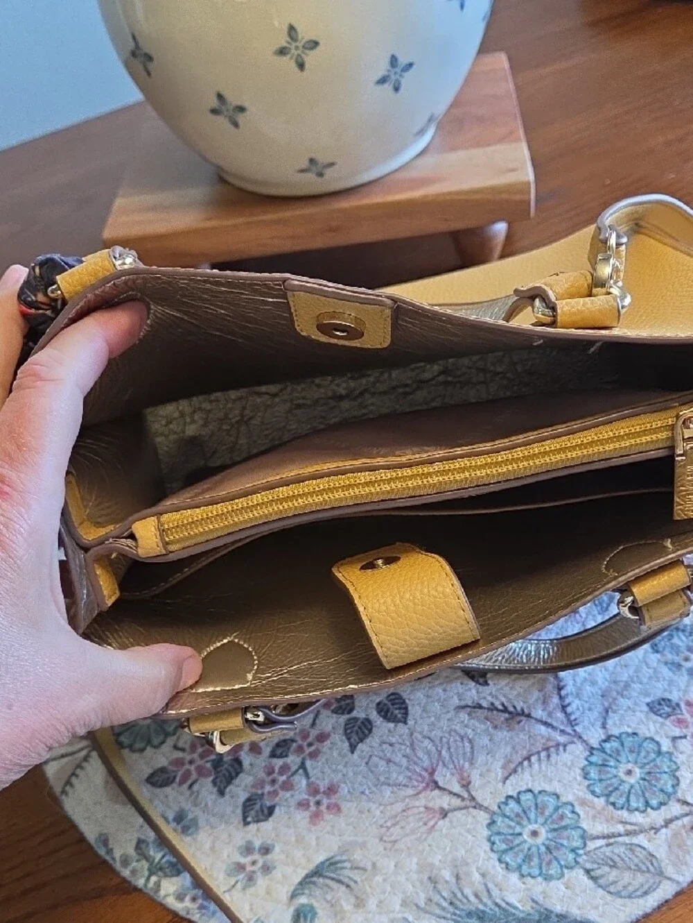 Anne Klein Mustard Yellow Pebbled Satchel with Scarf Accent
